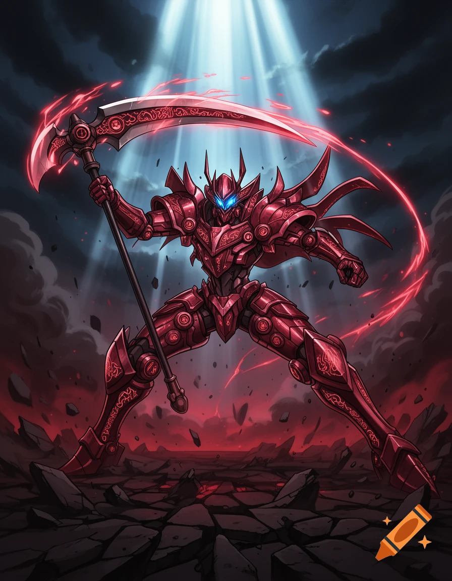 A red armored mecha warrior with glowing blue eyes holds a large scythe amid red energy in a dark, rocky landscape under a beam of light.