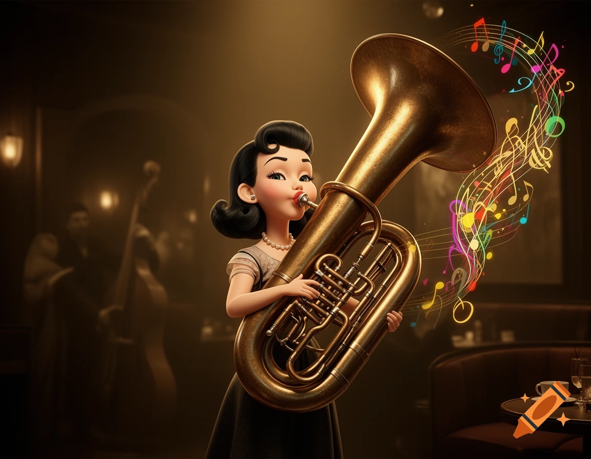3D animation of a woman with puffy cheeks playing a bronze tuba in a dimly lit jazz club, with colorful musical notes swirling.