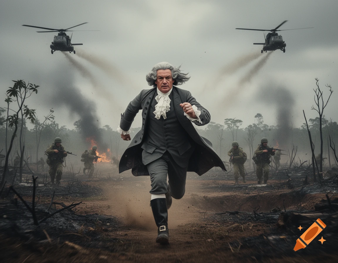 Johann Sebastian Bach, in 18th-century attire, runs through a smoky Vietnam War-era jungle with soldiers and helicopters.