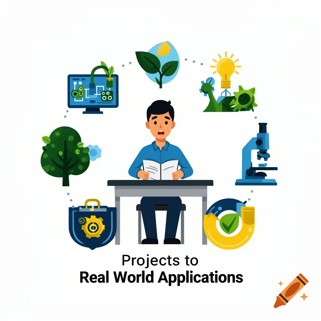 Clipart illustration of a student reading at a desk, surrounded by icons representing science, nature, technology, and a phrase about real-world applications.