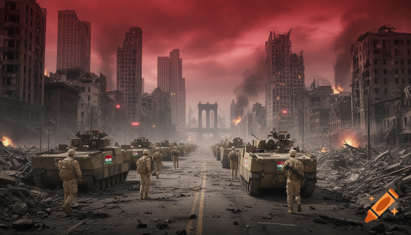 Photorealistic image of soldiers and military tanks moving through a destroyed city under a fiery red sky, with a suspension bridge in the distance.