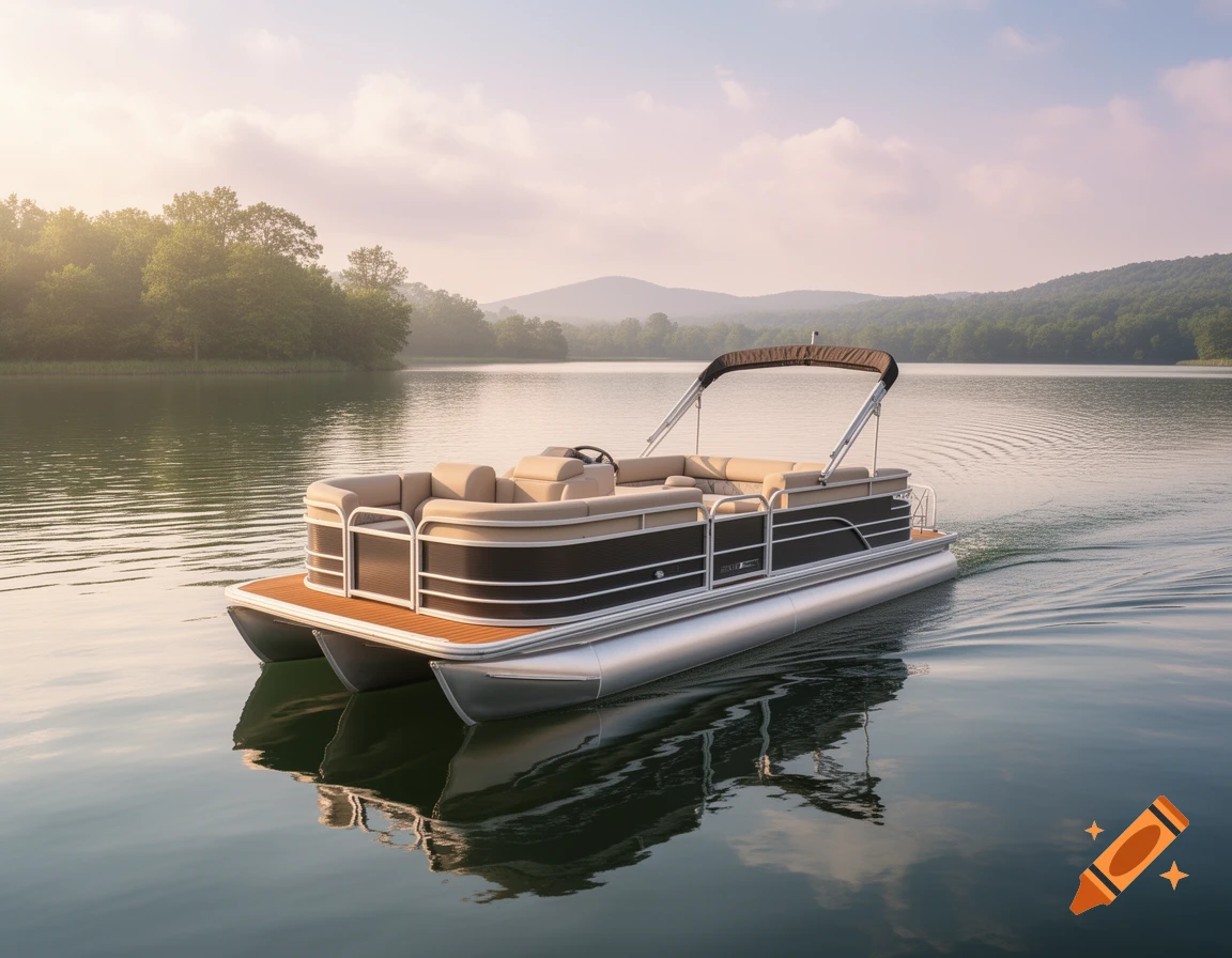 A pontoon boat with beige seating glides on a calm lake, surrounded by lush green trees and distant mountains under a hazy sky.