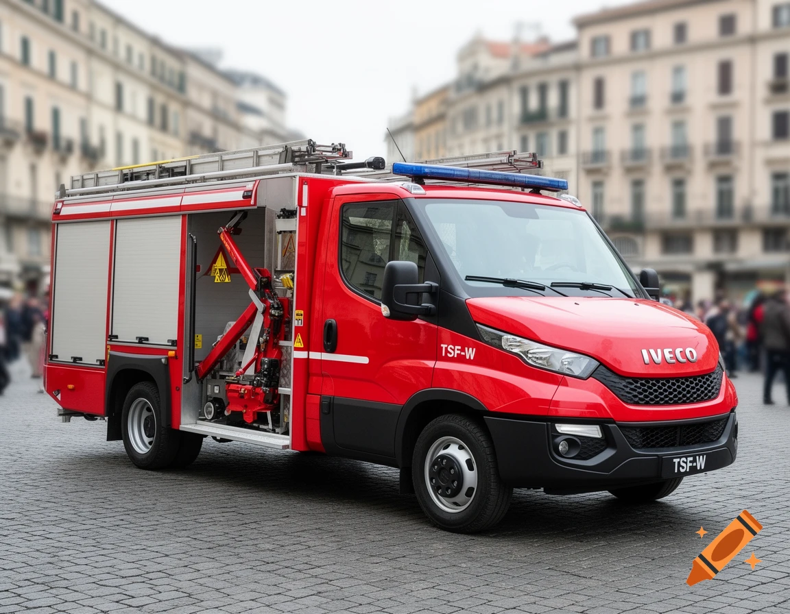 Red Iveco Daily TSF-W fire truck with an open side compartment, parked on a cobblestone street in a city.