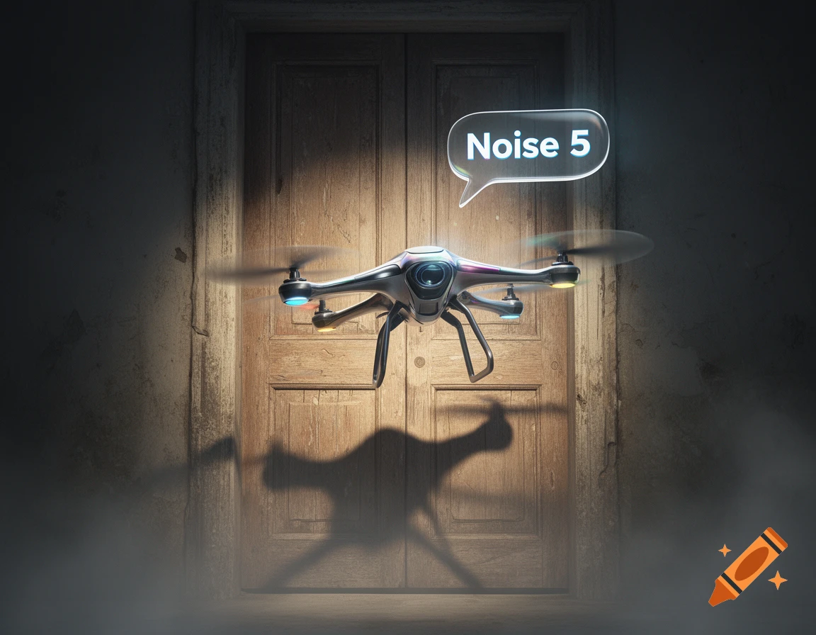 A futuristic drone hovers in front of a wooden door, with a glowing speech bubble above it that says 'Noise 5'.