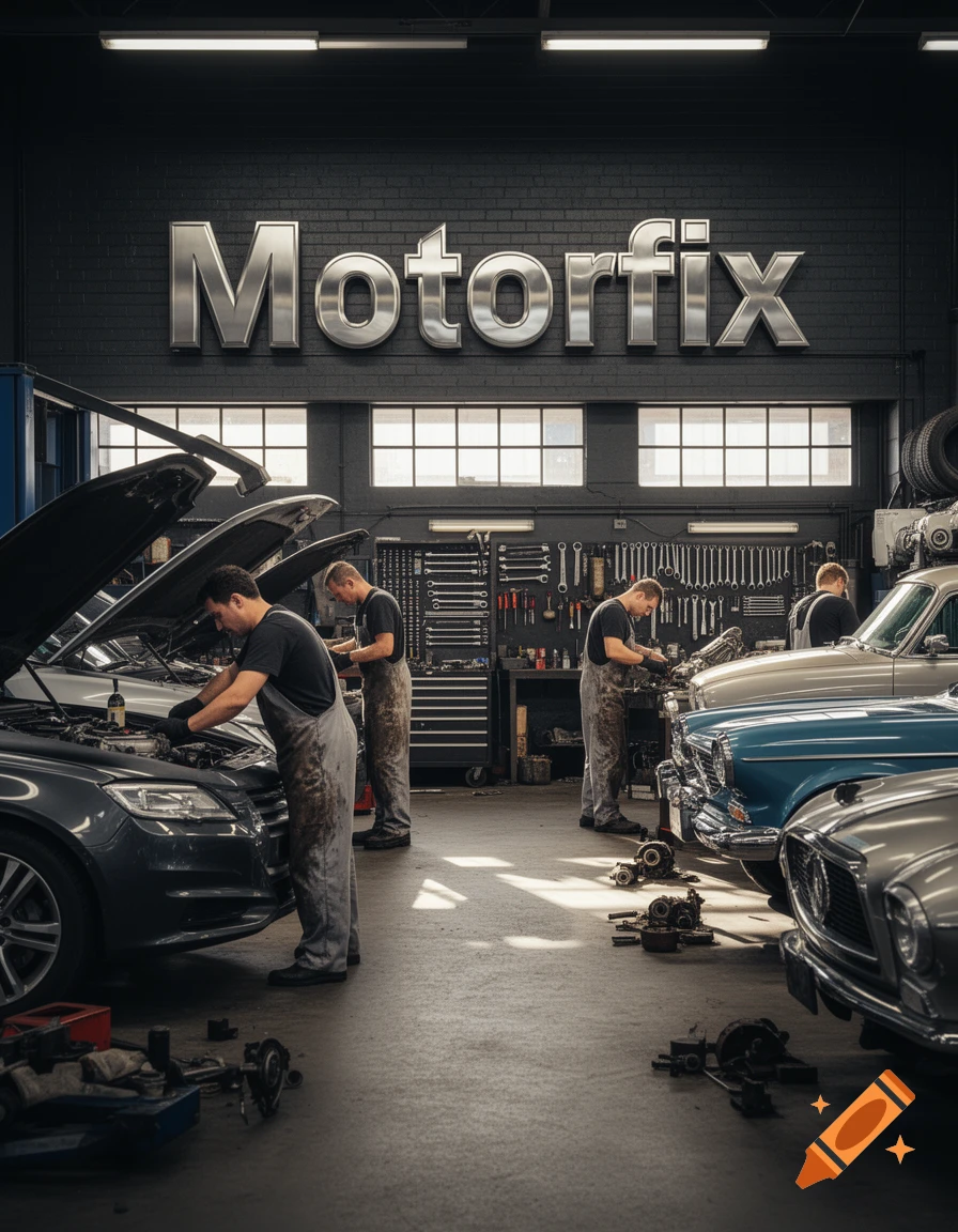 Photorealistic image of mechanics working on cars in a busy garage with a large 'Motorfix' sign on the brick wall.