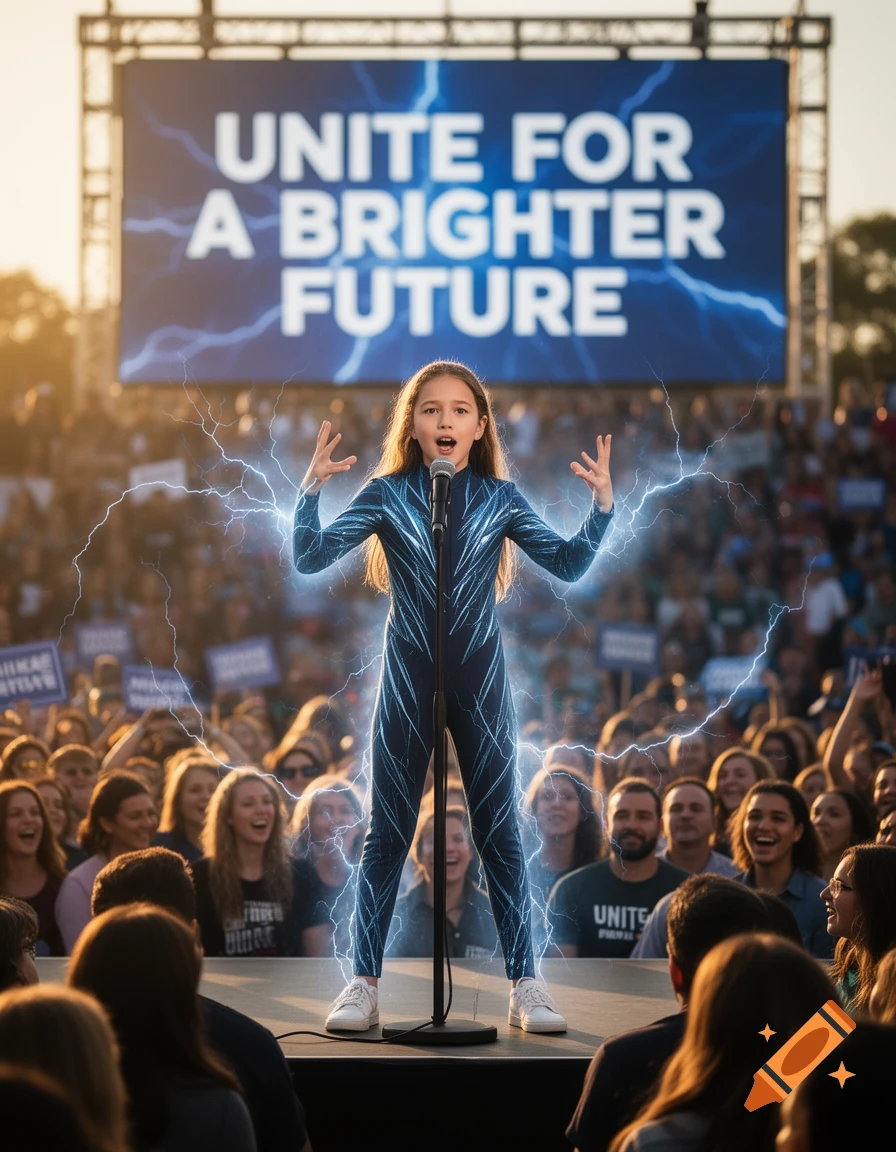 A girl surrounded by lightning on a stage, speaking into a microphone in front of a crowd and a large screen displaying 'UNITE FOR A BRIGHTER FUTURE'.