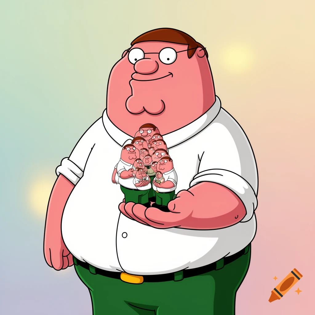 Cartoon Peter Griffin holding a cluster of progressively smaller Peter Griffins in his left hand.