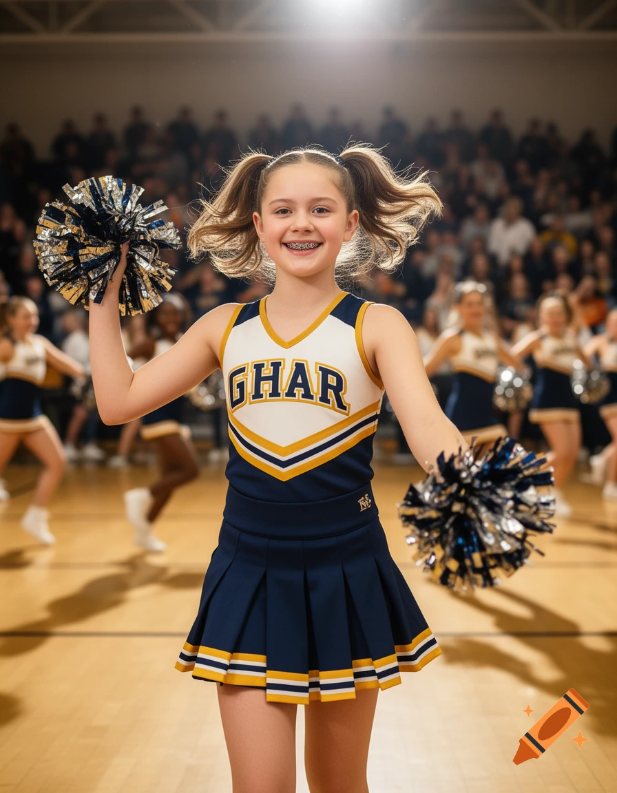 Smiling young cheerleader with braces and pigtails, holding blue and silver pom-poms in an indoor gym with a blurred crowd.