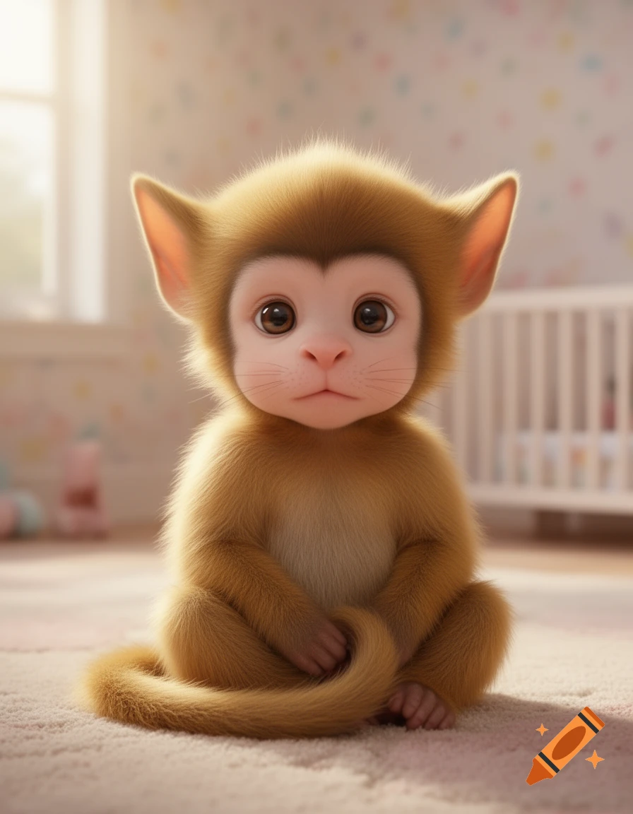 A fluffy, wide-eyed baby monkey-dog hybrid with human-like features sits on a carpet in a softly lit nursery.