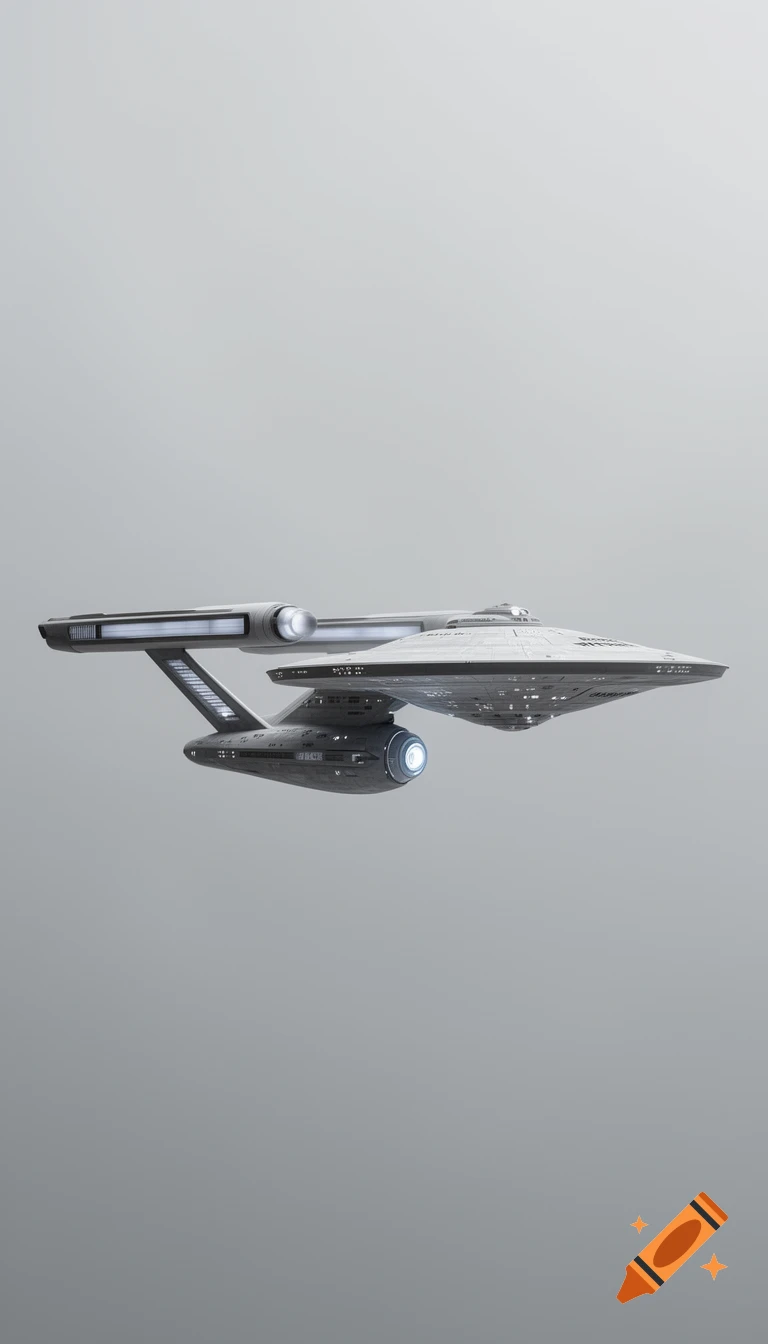 A photorealistic side view of a detailed grey and white Star Trek spaceship with illuminated nacelles on a plain light grey background.