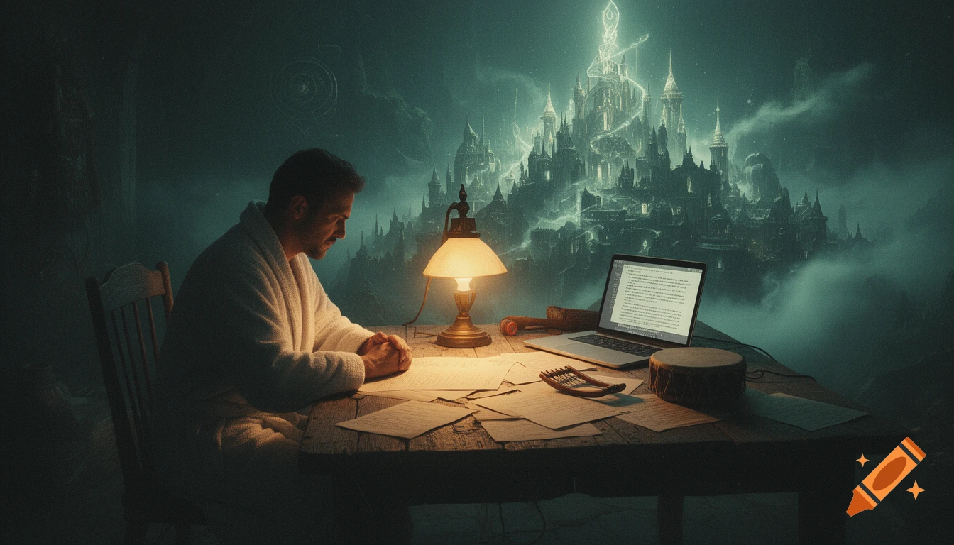 A man in a bathrobe sits at a wooden table with a lamp, laptop, papers, and instruments. Behind him, a glowing mystical castle in mist.