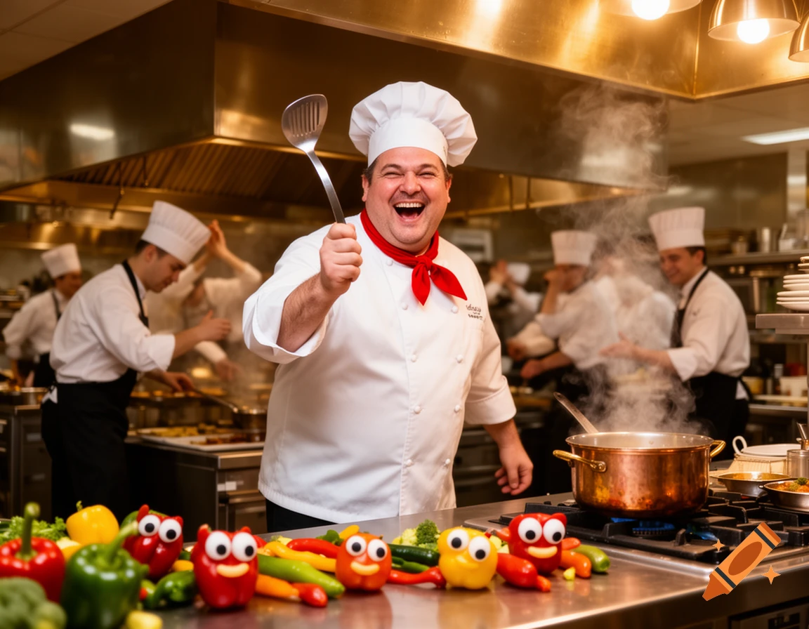 A smiling, laughing chef in a red scarf holds up a slotted spoon in a busy kitchen with other chefs and vegetables with googly eyes on the counter.