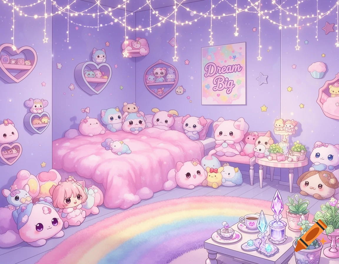 A pastel purple and pink room filled with numerous cute, cartoonish plush toys, a bed, a rainbow rug, and string lights.