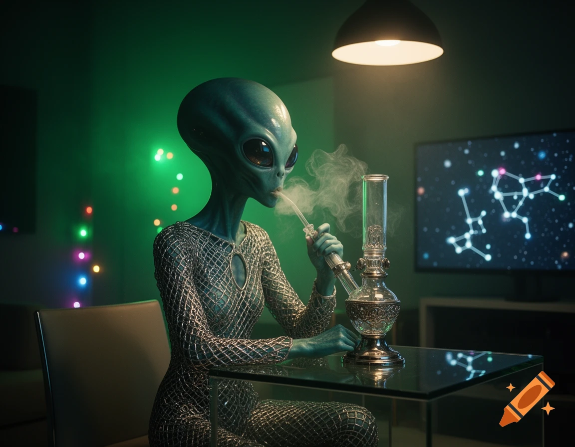A photorealistic alien in a shimmering suit smokes from a glass bong in a green-lit room with a cosmic display on a TV screen.