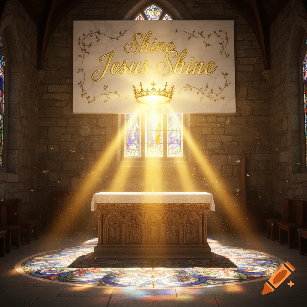 A photorealistic church interior with sunbeams on an altar and a banner above that reads 'Shine Jesus Shine' with a golden crown.