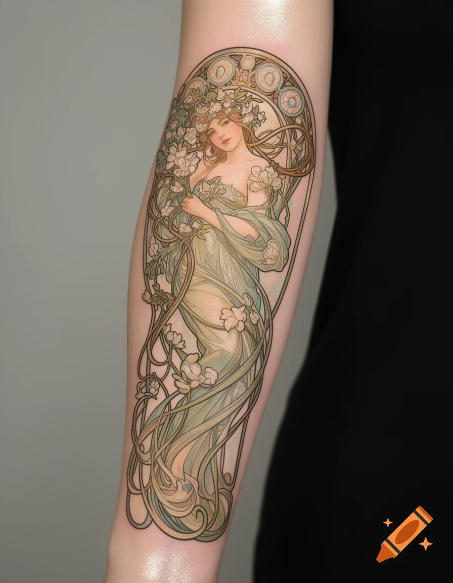 A vibrant Art Nouveau tattoo on an arm, depicting a woman with flowing hair and flowers.