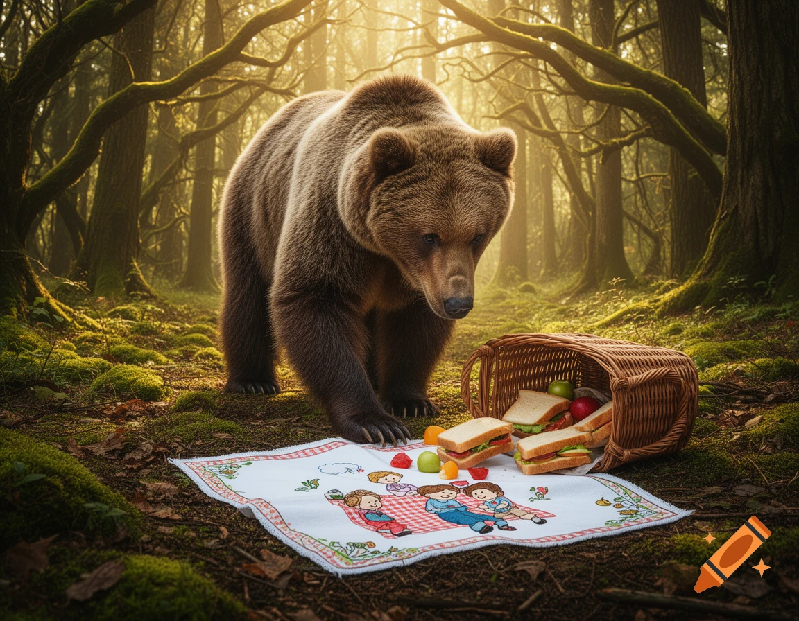A large brown bear stands over a spilled picnic with sandwiches and fruit on a blanket with cartoon children, in a sunlit forest.