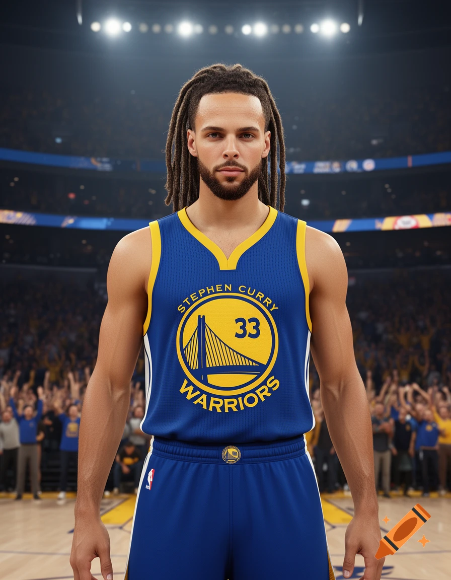 A photorealistic image of a man with dreadlocks wearing a blue and gold Stephen Curry Golden State Warriors jersey and shorts on a basketball court.