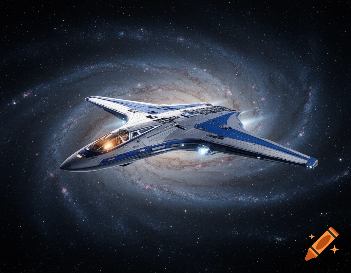 A sleek blue and silver starship with glowing lights flies through deep space, with a large spiral galaxy in the background.