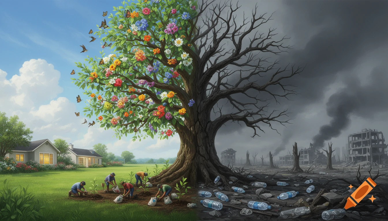 A split image shows a vibrant green side with people planting and a polluted side with dead trees, smoke, and ruined buildings.