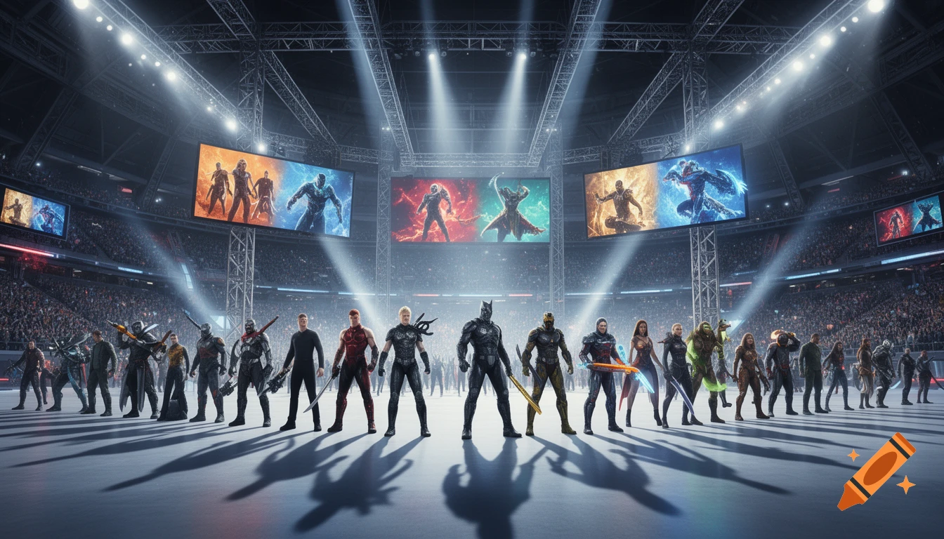A diverse group of fantasy and sci-fi characters stand on an esports arena floor with bright lights and large screens displaying more characters.