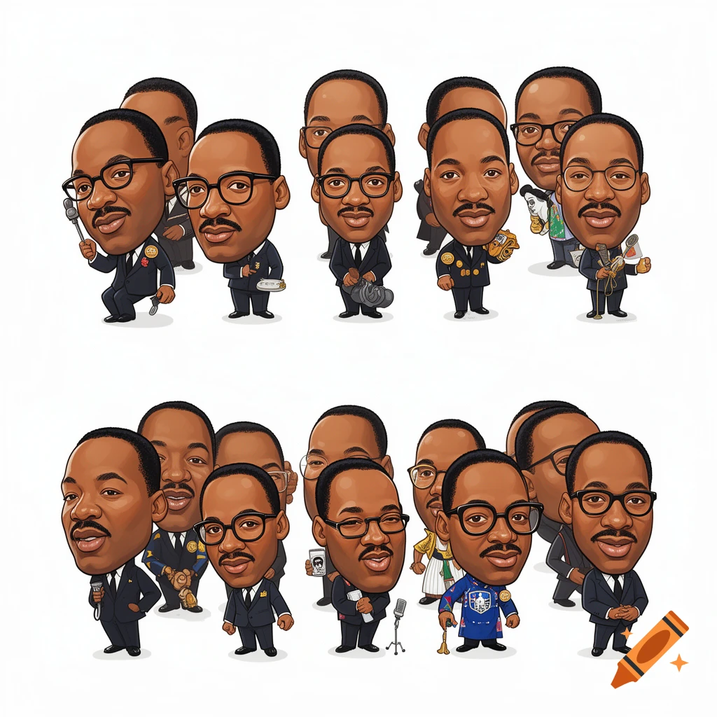 Multiple cartoon caricatures of Martin Luther King Jr. in various poses on a white background.
