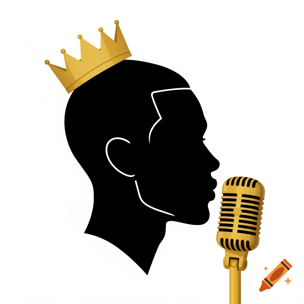 Minimalist black silhouette profile of a person wearing a gold crown and singing into a vintage gold microphone on a white background.