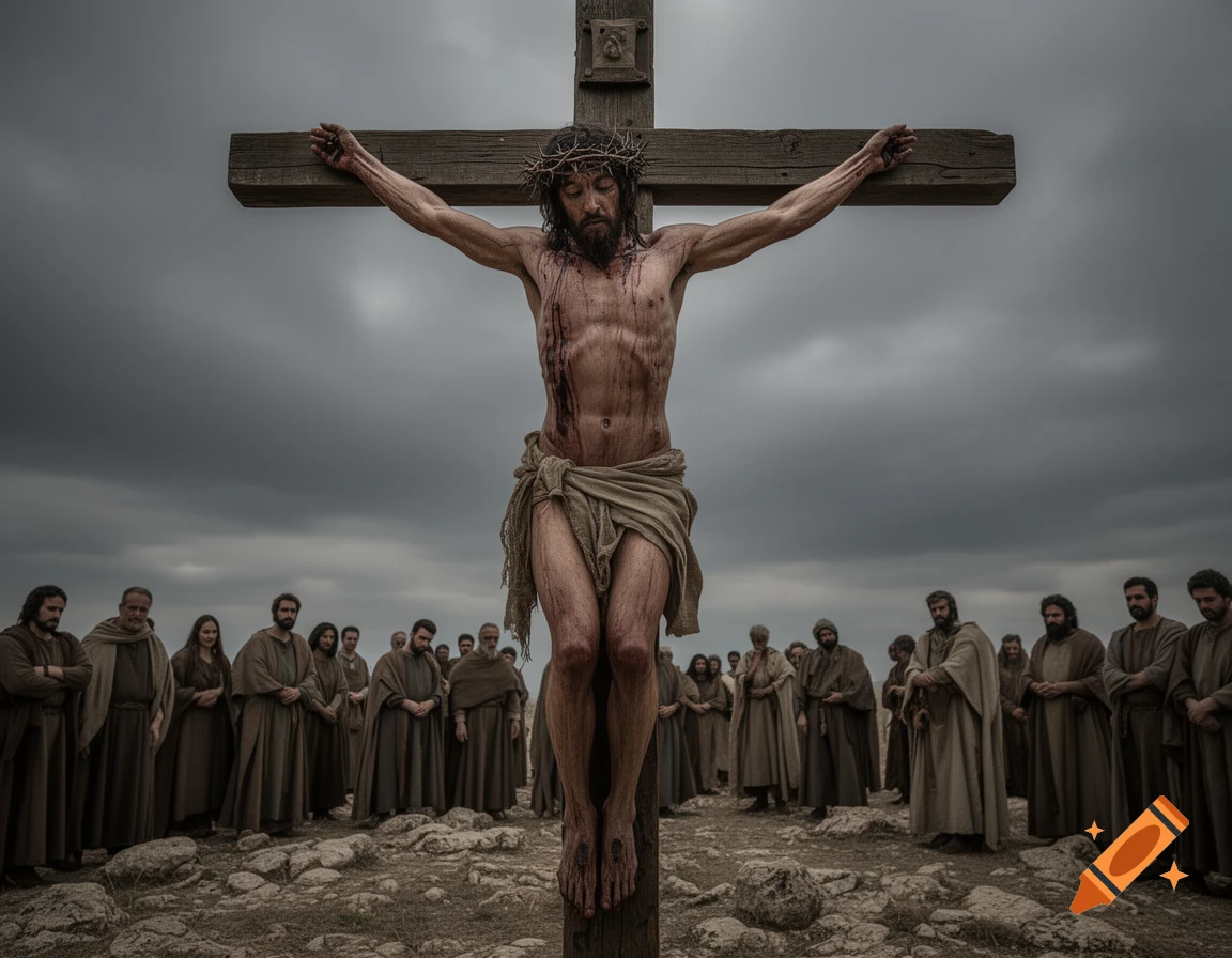 Photorealistic image of Jesus on the cross, bleeding, wearing a crown of thorns, with a crowd watching under a stormy sky.