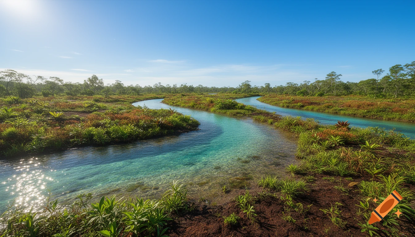 A winding river with clear turquoise water flows through a lush, primitive landscape under a bright blue sky, sunlight shimmering on the water.