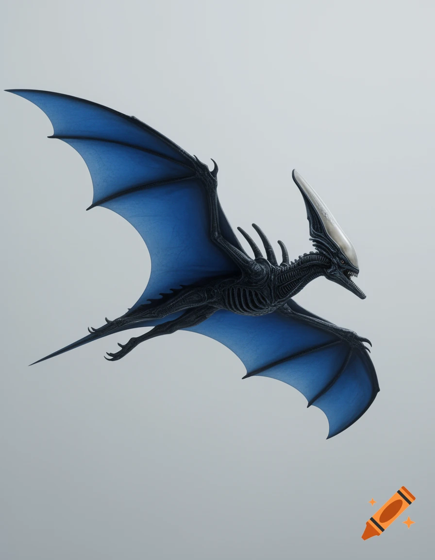 A flying, dark gray Pteranodon-Xenomorph hybrid creature with blue wings, viewed from below against a light gray background.