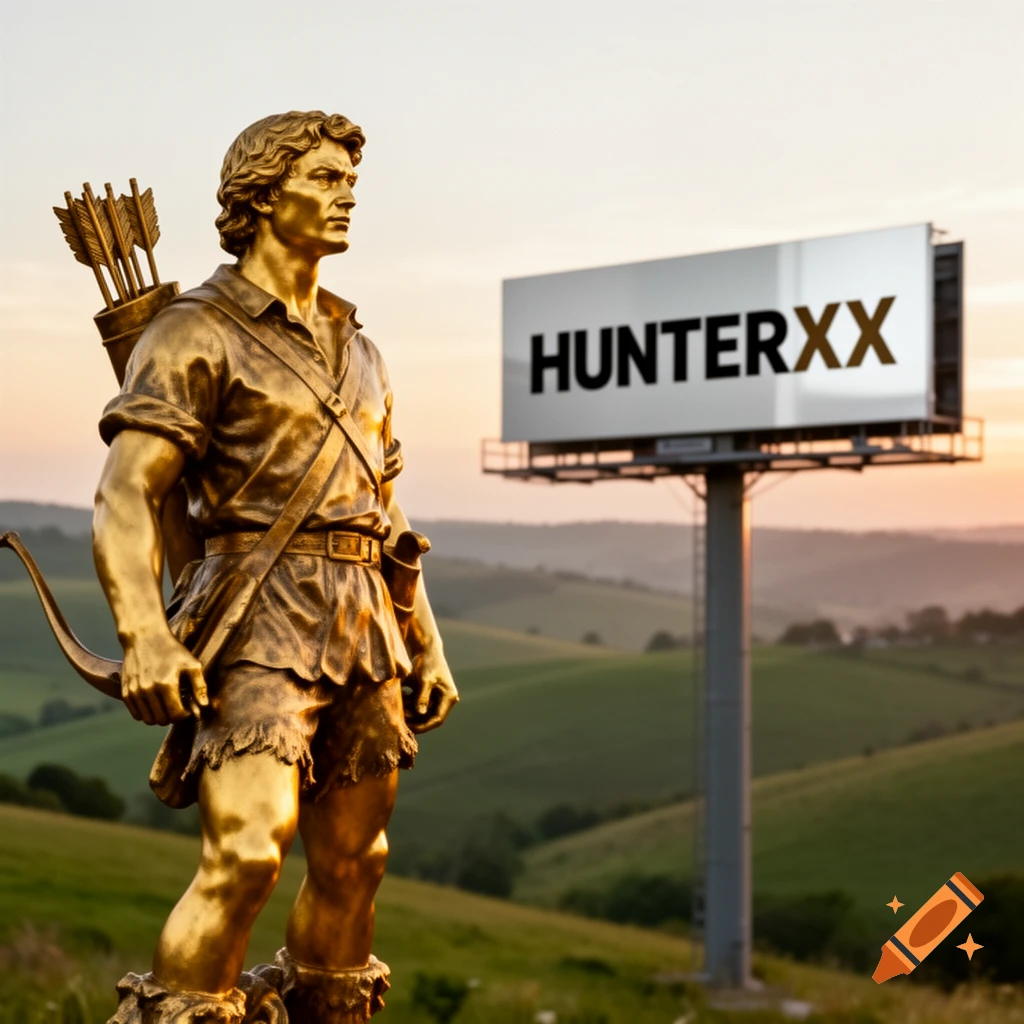 A golden statue of an ancient hunter with a bow and quiver stands in a green, hilly landscape at sunset, with a billboard displaying "HUNTERXX" in the background.