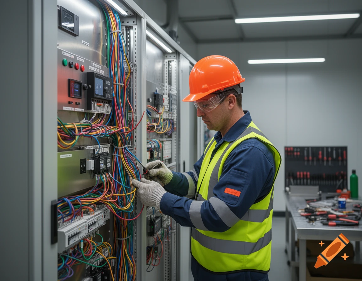 A male electrician in an orange hard hat and safety vest wires a complex electrical panel filled with colorful cables.