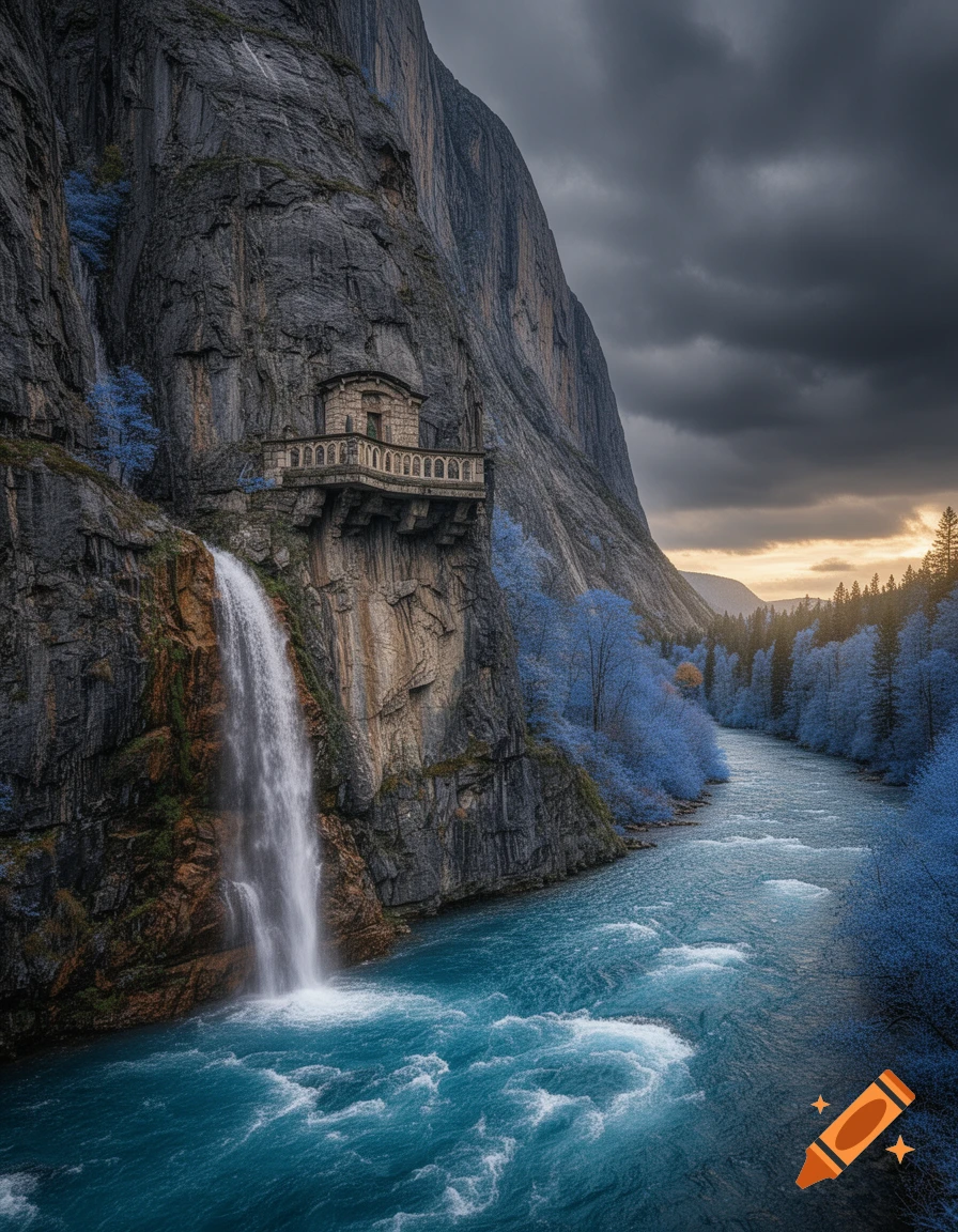 A tall slate mountain with a building on a cliff and a waterfall flowing into a blue river with rapids, surrounded by blue autumn trees under stormy clouds.