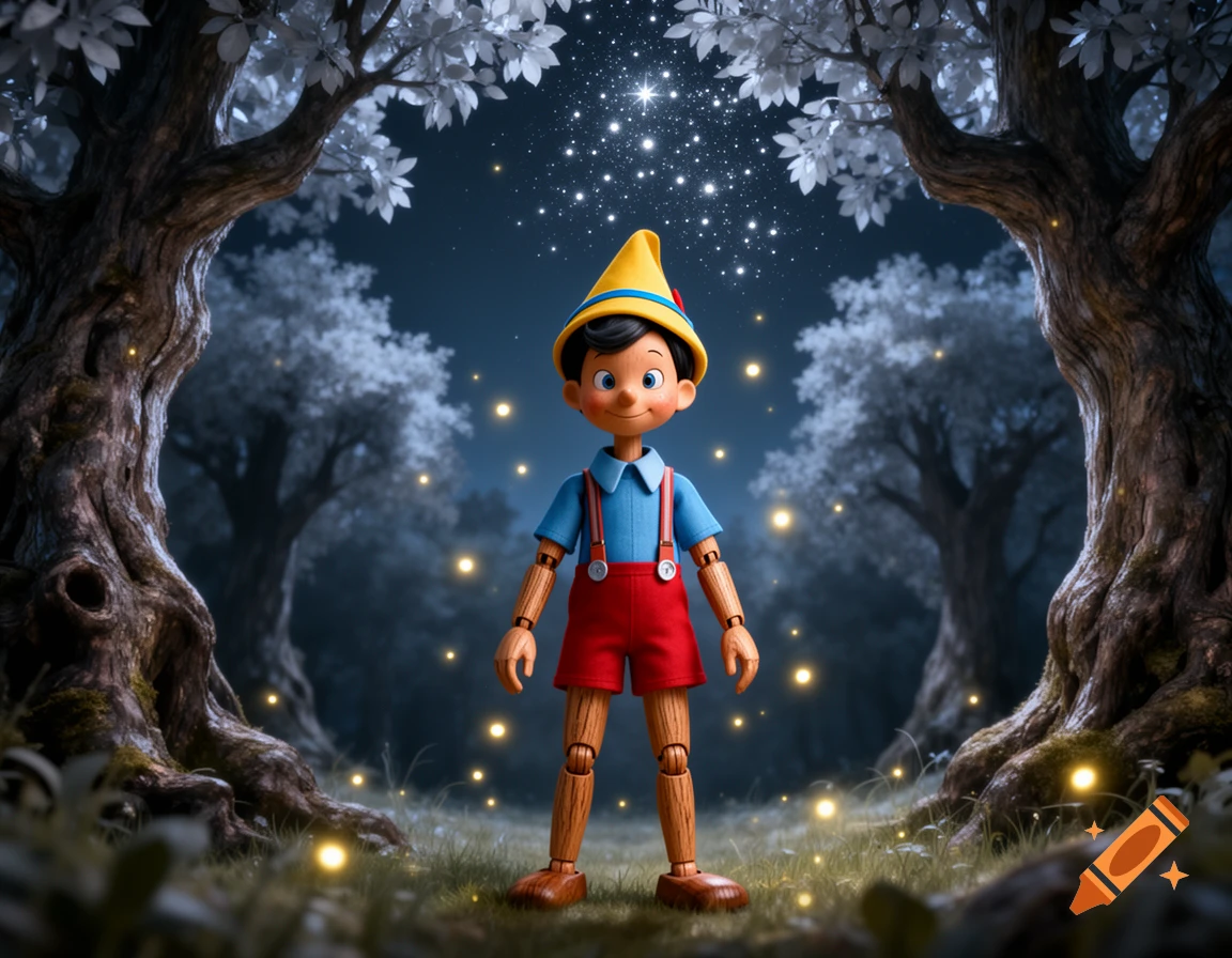 Pinocchio stands in a magical, glowing forest with light gray trees and sparkling dust falling from above.