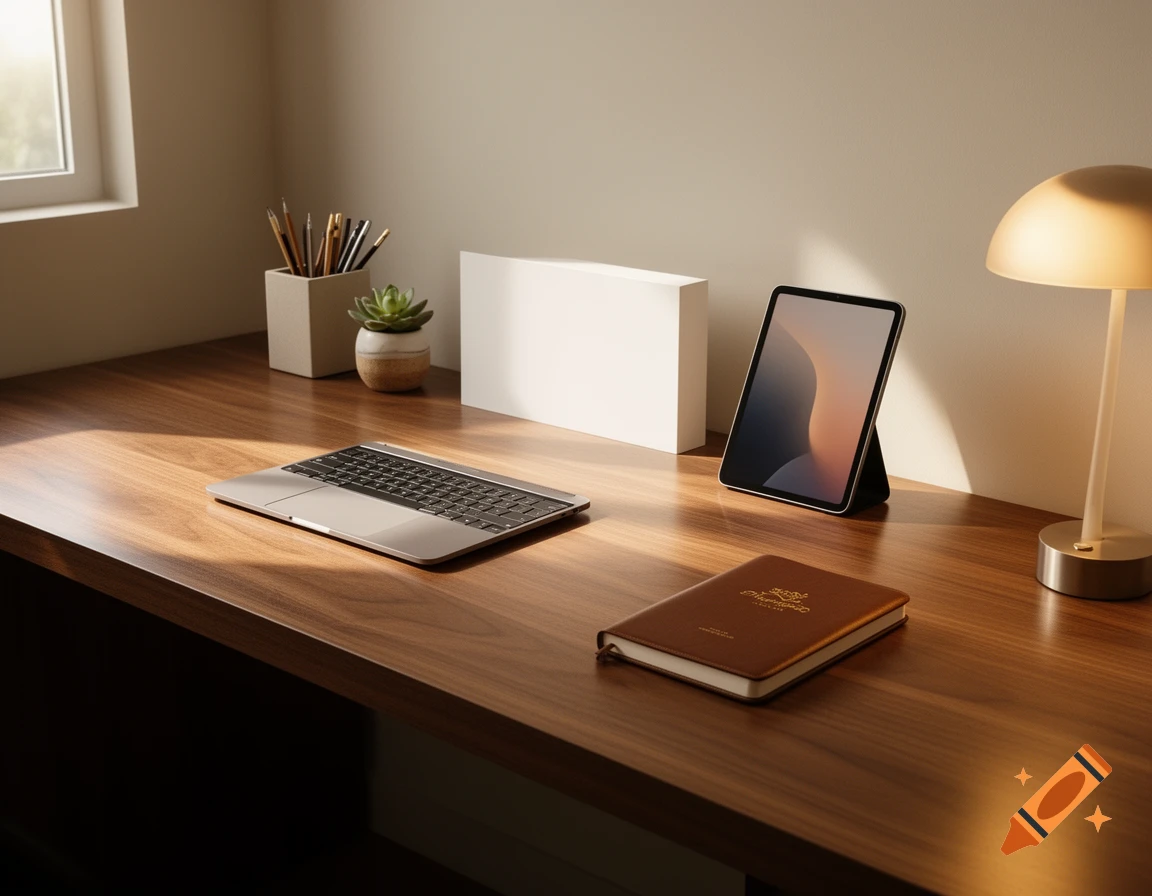 A neat, sunlit wooden desk with a laptop, a tablet on a stand, a brown diary, a pen holder, and a small plant. Photorealistic style.