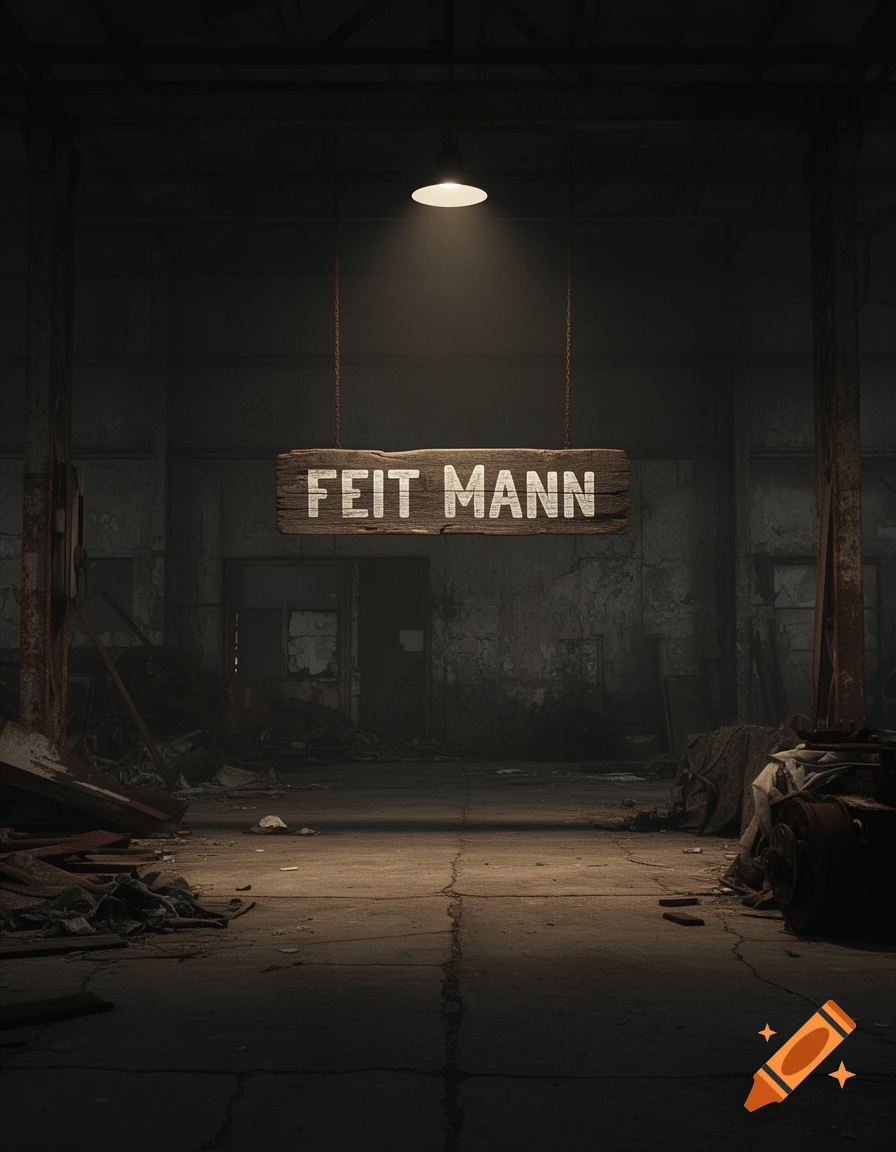 A dimly lit, abandoned industrial hall with a wooden sign reading 'FEIT MANN' hanging under a single bright lamp.