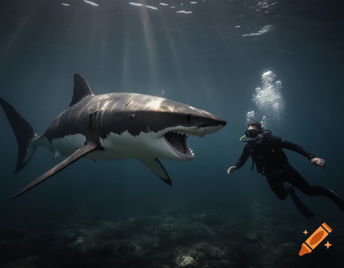 A great white shark with its mouth open swims towards a scuba diver underwater, sun rays pierce the surface.