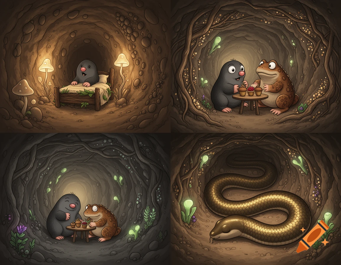 Four cartoon panels show cute underground scenes: a mole in bed, a mole and toad sharing cupcakes, and a coiled golden slow worm in a root-lined tunnel.