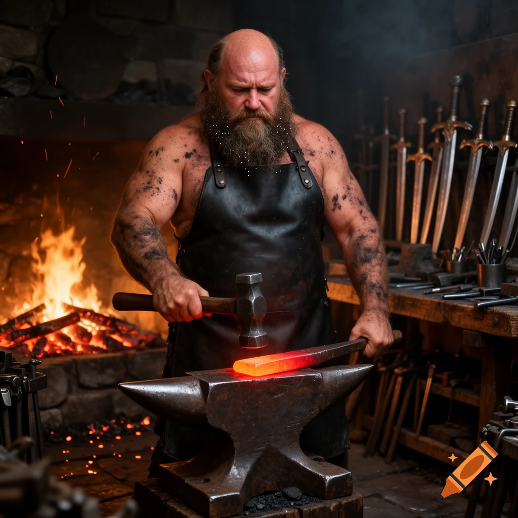 A muscular, bearded blacksmith in a leather apron strikes a glowing metal bar on an anvil in a fiery forge, surrounded by tools.