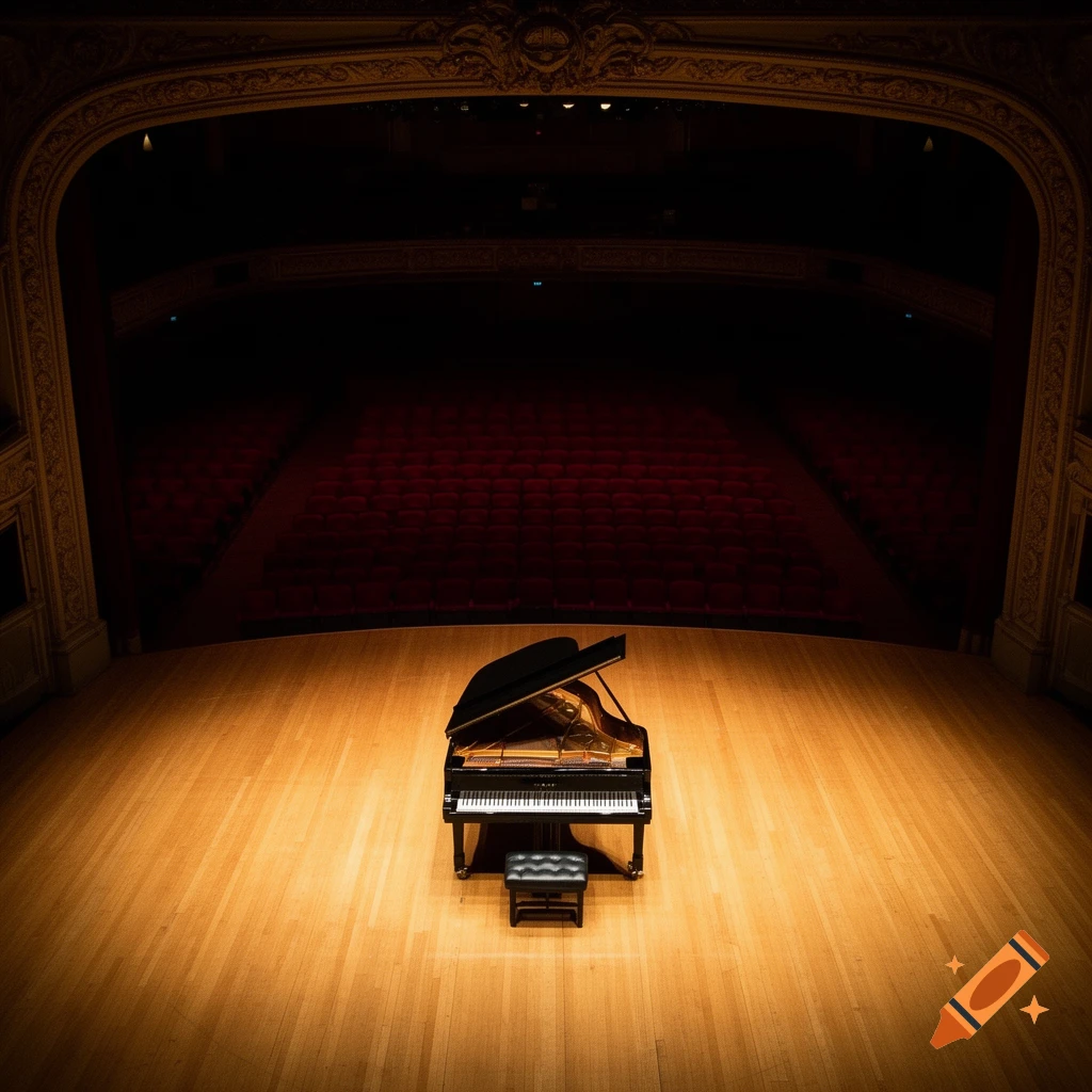 A grand piano sits alone on a brightly lit wooden stage in an empty, dark theatre with red velvet seats.