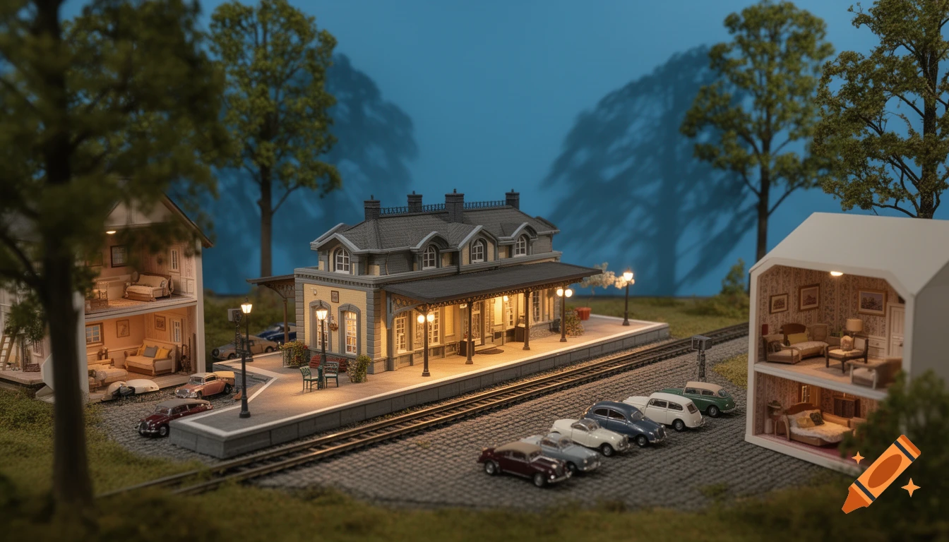 A detailed miniature diorama features a grand train station, open dollhouses with furniture, and vintage model cars lining the platform and cobblestone ground, all under a blue sky.
