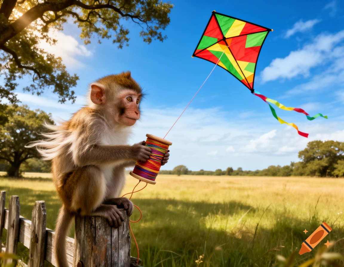 A monkey on a fence post holds a kite string spool, watching a colorful kite fly in a bright blue sky over a grassy field.