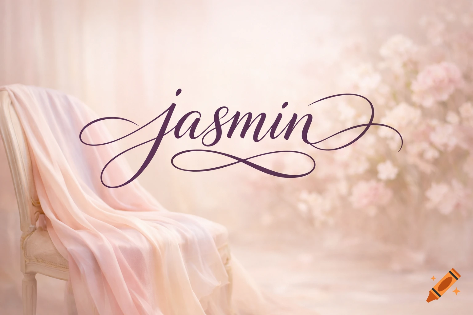 Elegant 'jasmin' script over a chair draped with light pink fabric, set against a blurred pastel floral background.
