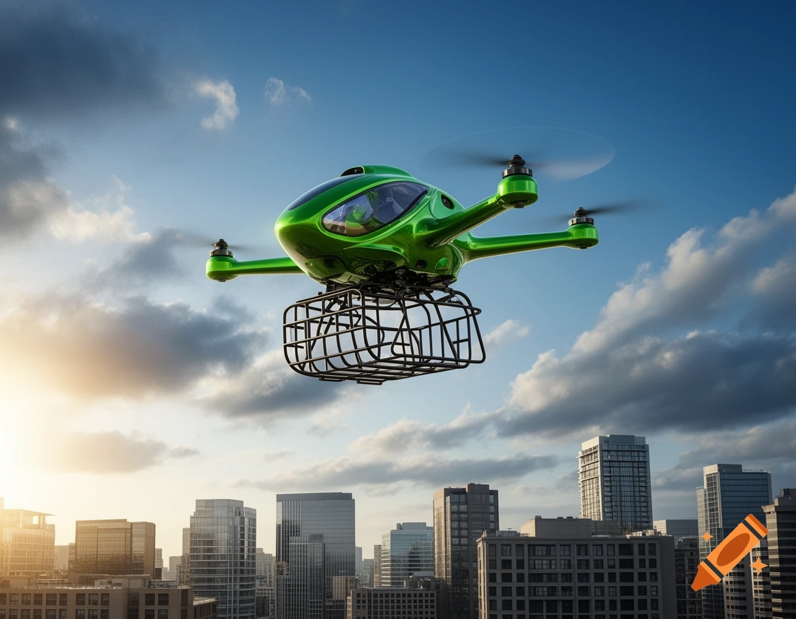 Bright green delivery drone with a cargo basket flying high above a modern city skyline at sunset.