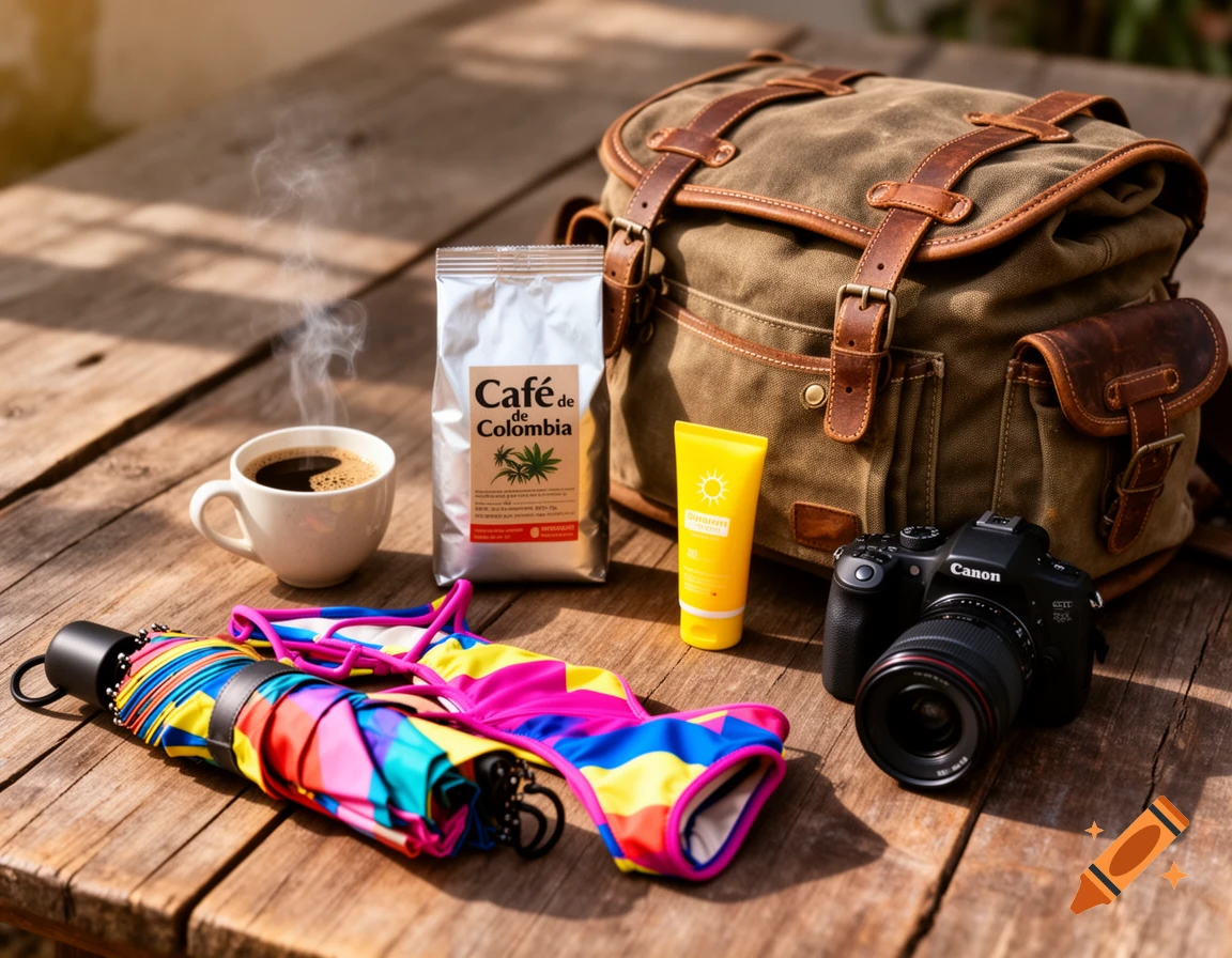 Travel essentials on a wooden table: a steaming coffee cup, Colombian coffee bag, canvas bag, sunscreen, camera, colorful swimsuit, and umbrella.