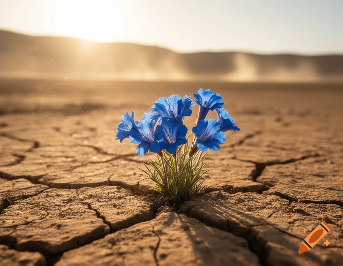 Vibrant blue flowers bloom from cracked, dry desert earth under a bright, hazy sky, symbolizing resilience.