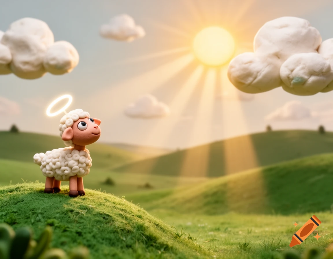 A small claymation lamb with a halo stands on a grassy hill, looking up at the sun shining through clouds over a green pasture.