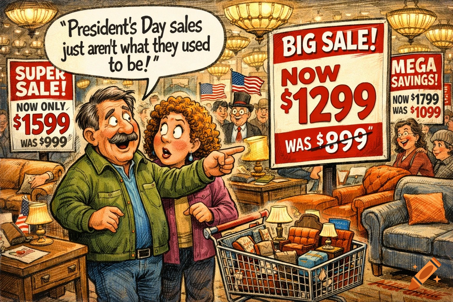 A political cartoon showing two customers in a furniture store, pointing at a sale sign where the 'sale price' is higher than the 'was' price. One customer says, "President's Day sales just aren't what they used to be!"