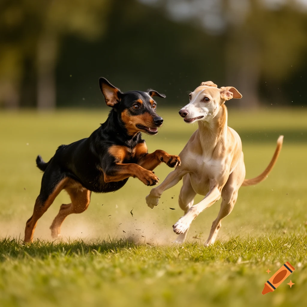 A black and tan terrier and a cream whippet leap towards each other, running across a grassy field with kicked-up dirt.