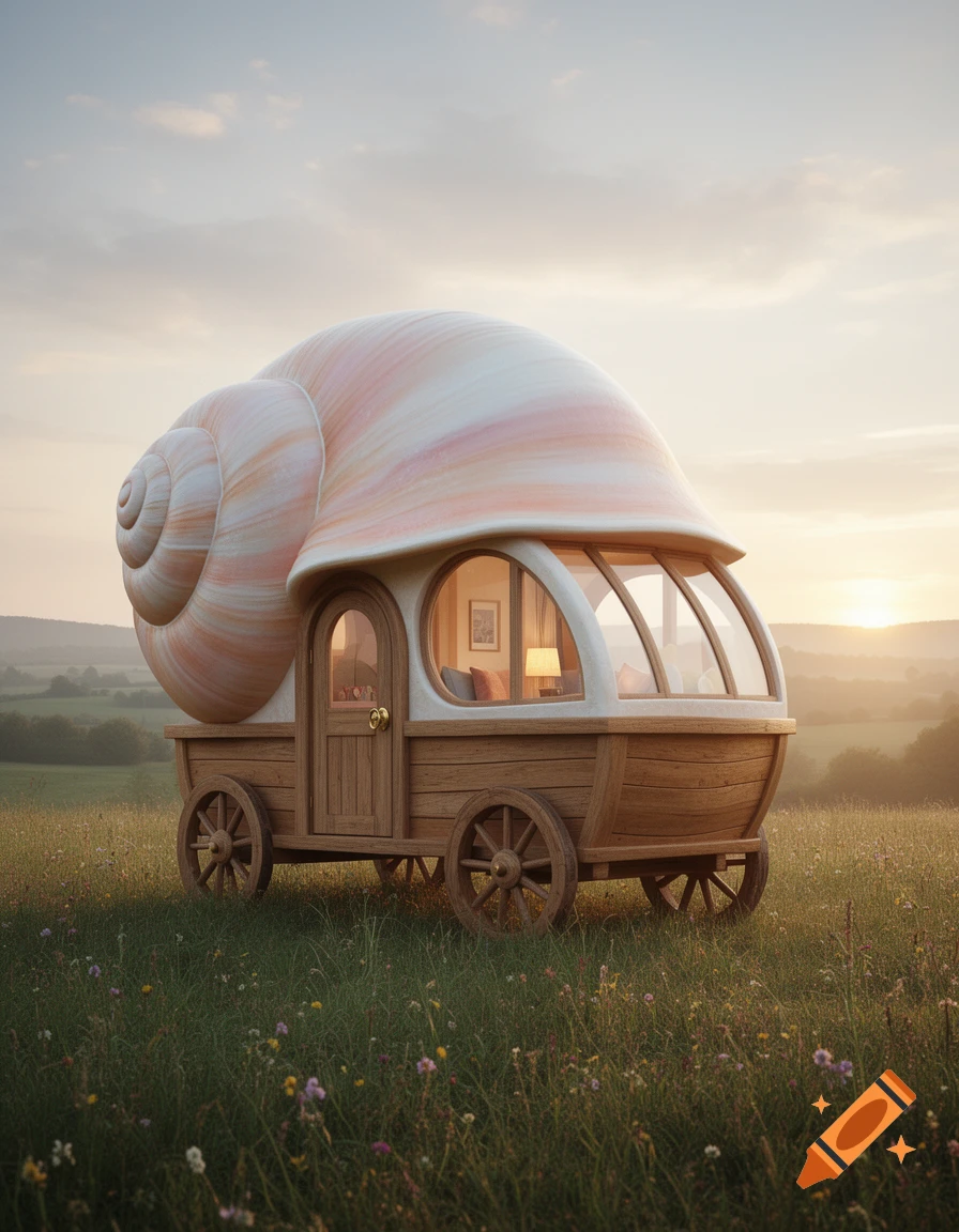 A whimsical snail shell caravan with wooden wheels sits in a vibrant green field under a soft sunset sky.